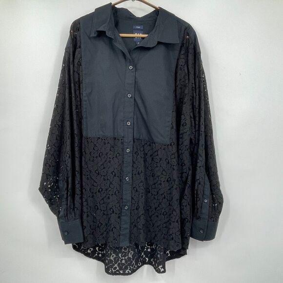 Gap Black Long Sleeve Sheer Oversized Lace Button Up Big Shirt Size XL - Picture 1 of 7